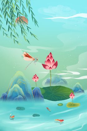中国风背景书法展板卡通元素小清新