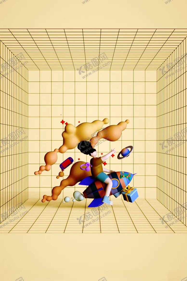 编号：14775212130724168664【酷图网】源文件下载-立体人物角色小火箭暖色C4D背