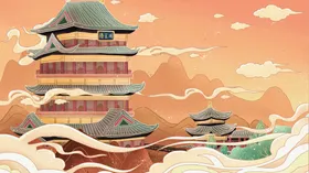 中国风建筑插画手绘寺庙