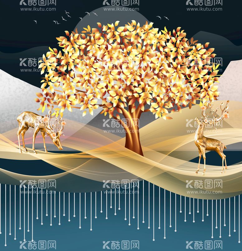 编号：23910809301854134316【酷图网】源文件下载-麋鹿发财树艺术挂画装饰画