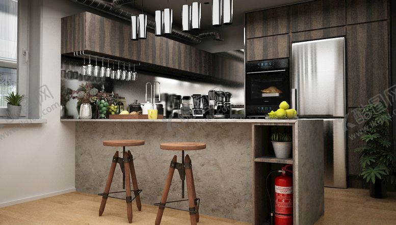 编号：16367410030804244294【酷图网】源文件下载-北欧开放厨房3d模型