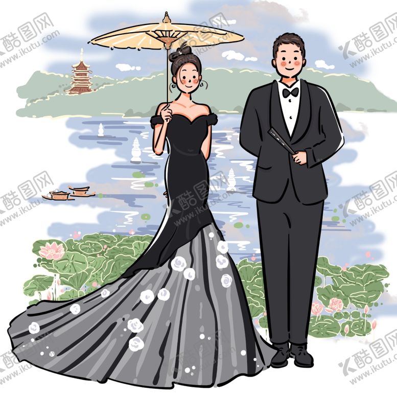 编号：21546201281129025482【酷图网】源文件下载-手绘风景卡通情侣原创背景图黑色