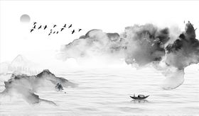 水墨山水小船背景墙
