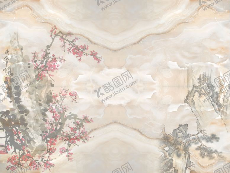 编号：58490609300123585884【酷图网】源文件下载-大理石对称中式水墨装饰画玄关屏