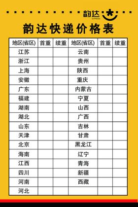 韵达快递价格表