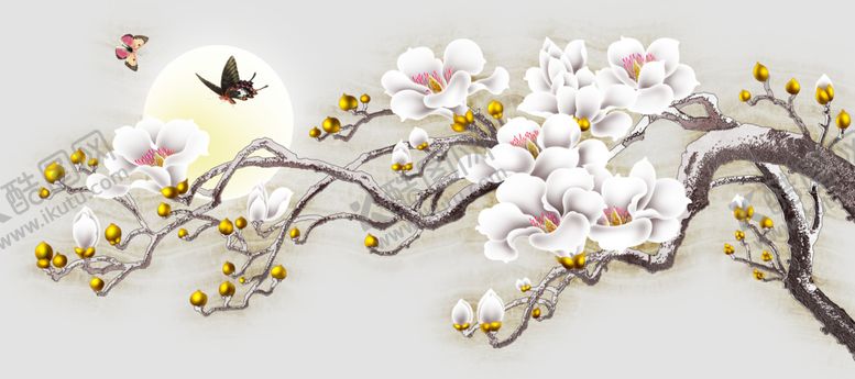 编号：52562609211022206941【酷图网】源文件下载-新中式树蝴蝶月亮装饰画沙发电视