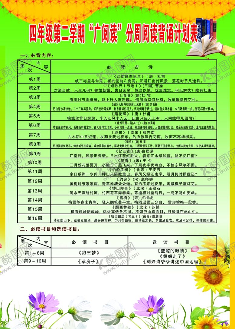 编号：30867306182218051668【酷图网】源文件下载-四年级第二学期广阅读计划表
