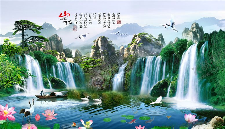 编号：20718810250608461596【酷图网】源文件下载-山水情荷花鹤松树背景墙