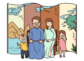家人合影插画卡通背景海报素材