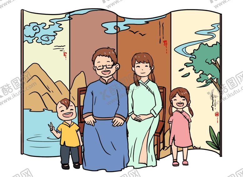 编号：33385709211455151185【酷图网】源文件下载-家人合影插画卡通背景海报素材