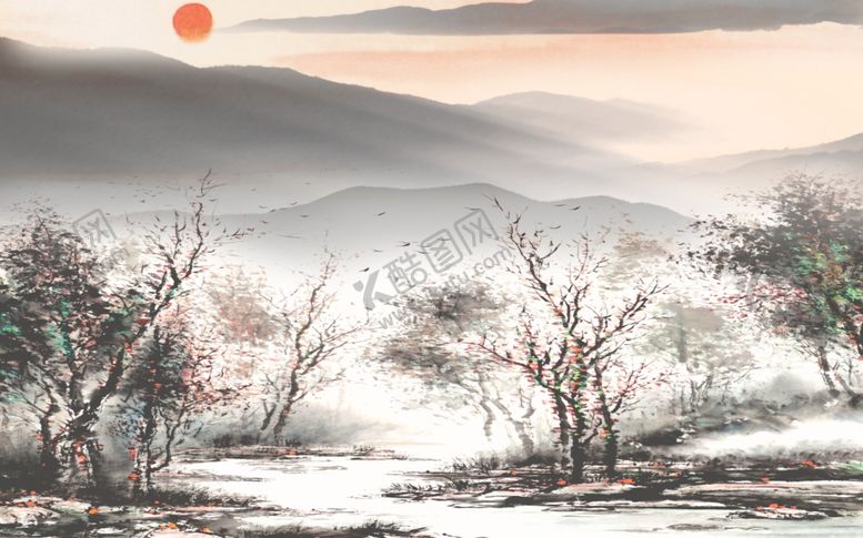 编号：13764210170546282717【酷图网】源文件下载-水墨画树太阳背景墙
