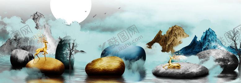 编号：87571210132129312582【酷图网】源文件下载-石来运转麋鹿装饰画