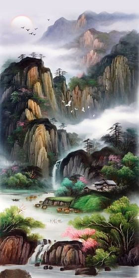 白云山脉唯美风景画玄关装饰画