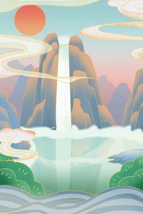 国潮海报中风背景中式花纹插画