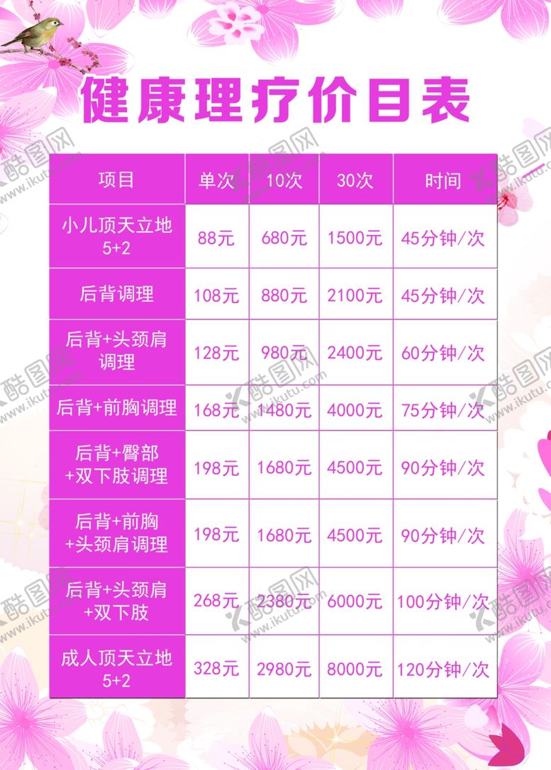 编号：22050309251947431954【酷图网】源文件下载-健康理疗价目表