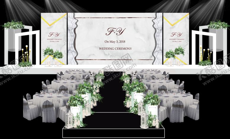 编号：95721709300552137251【酷图网】源文件下载-大理石白色婚礼迎舞台效果图