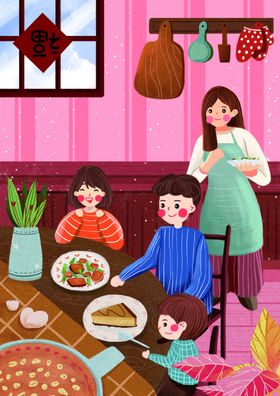 团圆年夜饭人物插画卡通背景素材