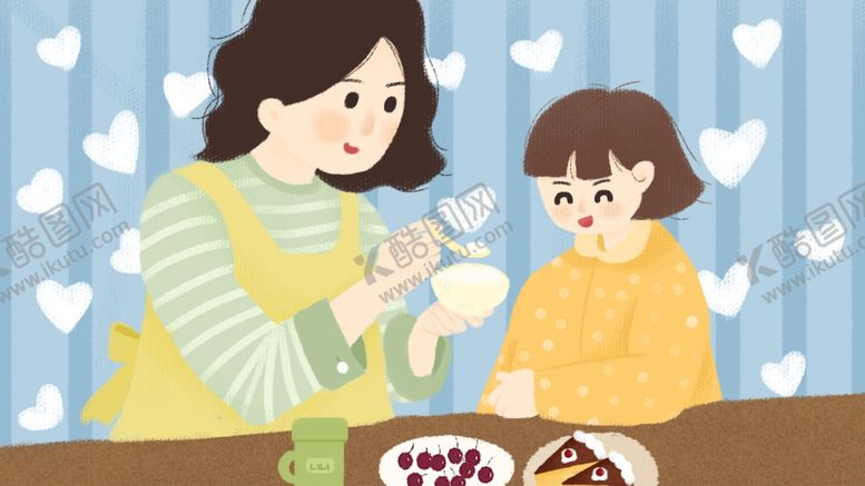 编号：18141409260513288020【酷图网】源文件下载-蓝色温馨母亲节插画母女插图卡通