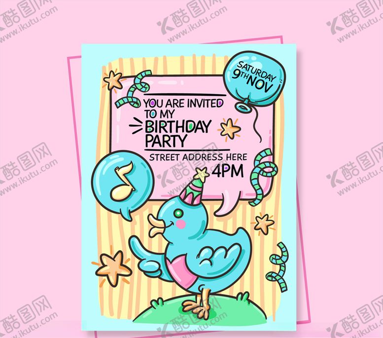 编号：64232110302121477152【酷图网】源文件下载-卡通鸟生日邀请卡