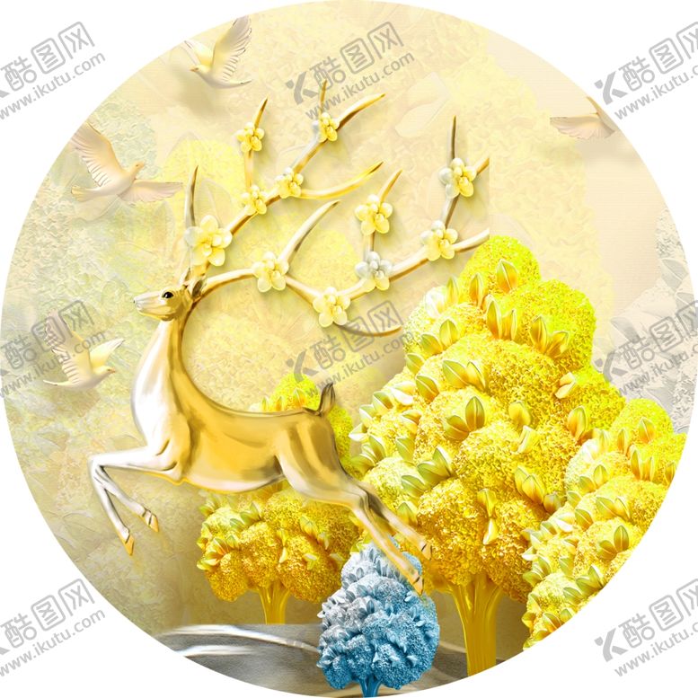 编号：45960601250935431563【酷图网】源文件下载-金色麋鹿唯美圆形挂画装饰画