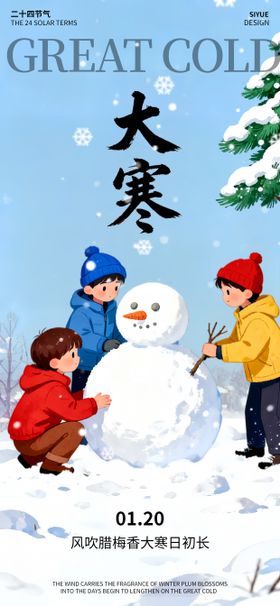 大寒节气卡通插画唯美海报
