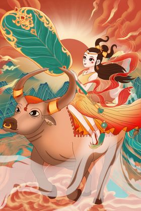 2021牛年国潮插画红色大吉手绘