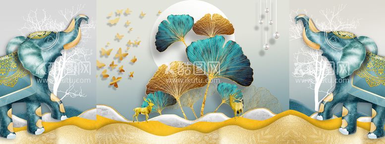 编号：24998511300742054782【酷图网】源文件下载-水彩大象植物艺术三联无框画