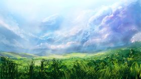 草地蓝天油画