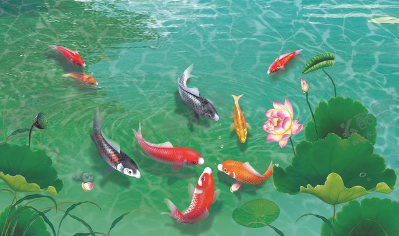 编号：10808901050204322616【酷图网】源文件下载-池塘锦鲤嬉戏图