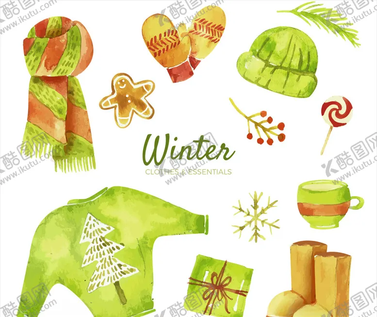编号：57454409091712159348【酷图网】源文件下载-彩绘绿色冬季物品