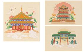 中国传统建筑国潮插画