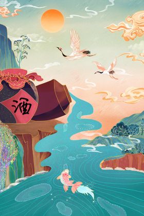 国潮山水插画中风