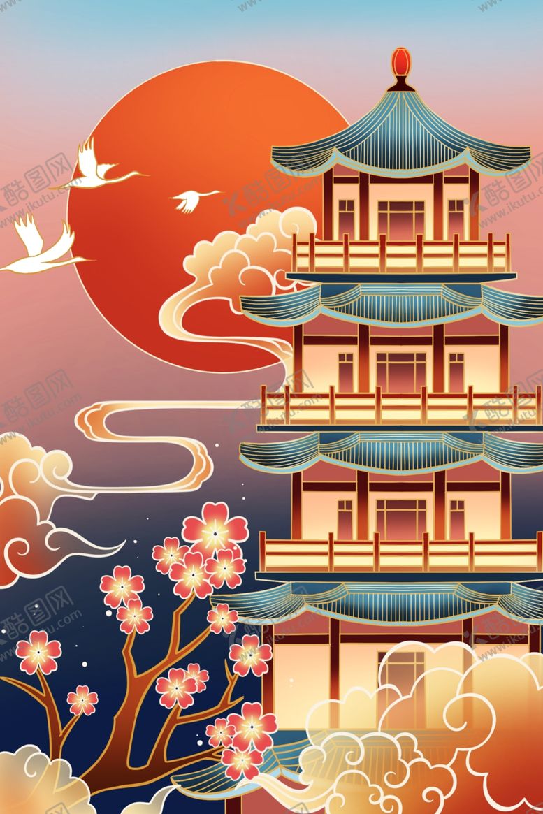 编号：23186411302213242449【酷图网】源文件下载-国潮手绘楼台海报