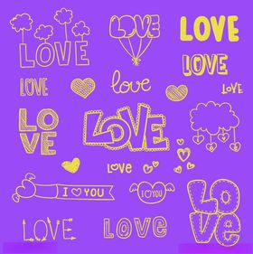 紫色背景上的多彩爱情元素