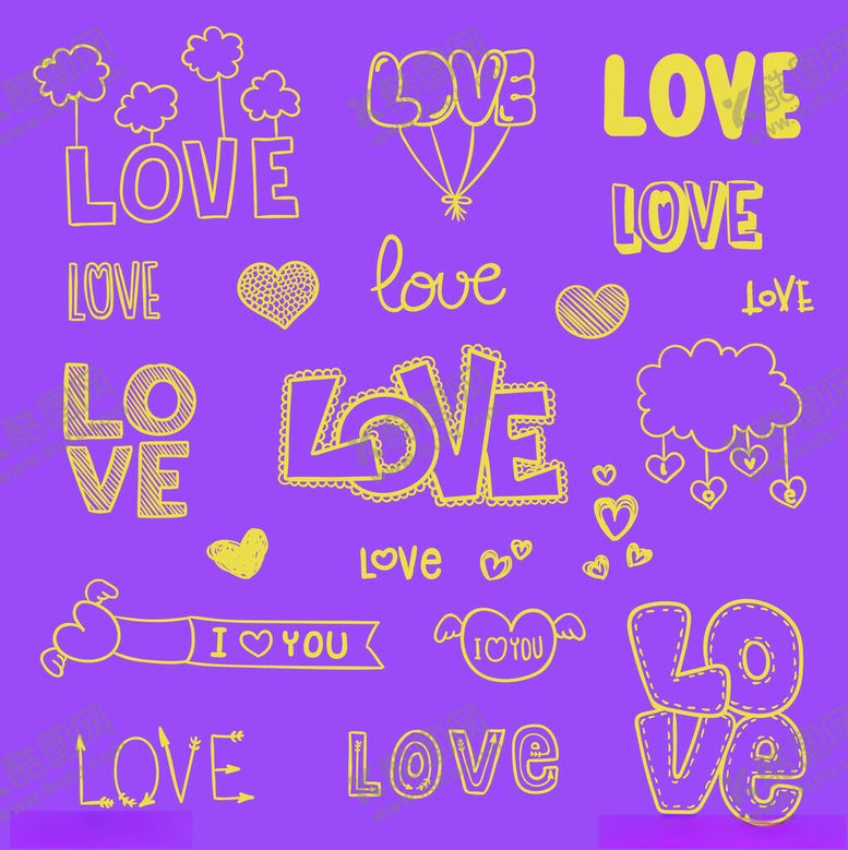 编号：20438411181646456755【酷图网】源文件下载-紫色背景上的多彩爱情元素