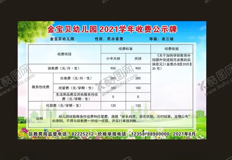 编号：31713612180020264399【酷图网】源文件下载-幼儿园收费公示牌
