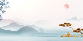 水墨山水间的仙鹤与明月