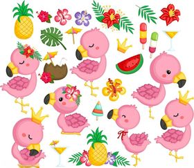 火烈鸟与热带水果花卉图案