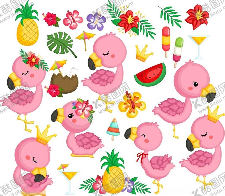 编号：21727104061417196900【酷图网】源文件下载-火烈鸟与热带水果花卉图案
