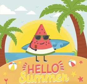 夏日沙滩西瓜矢量图