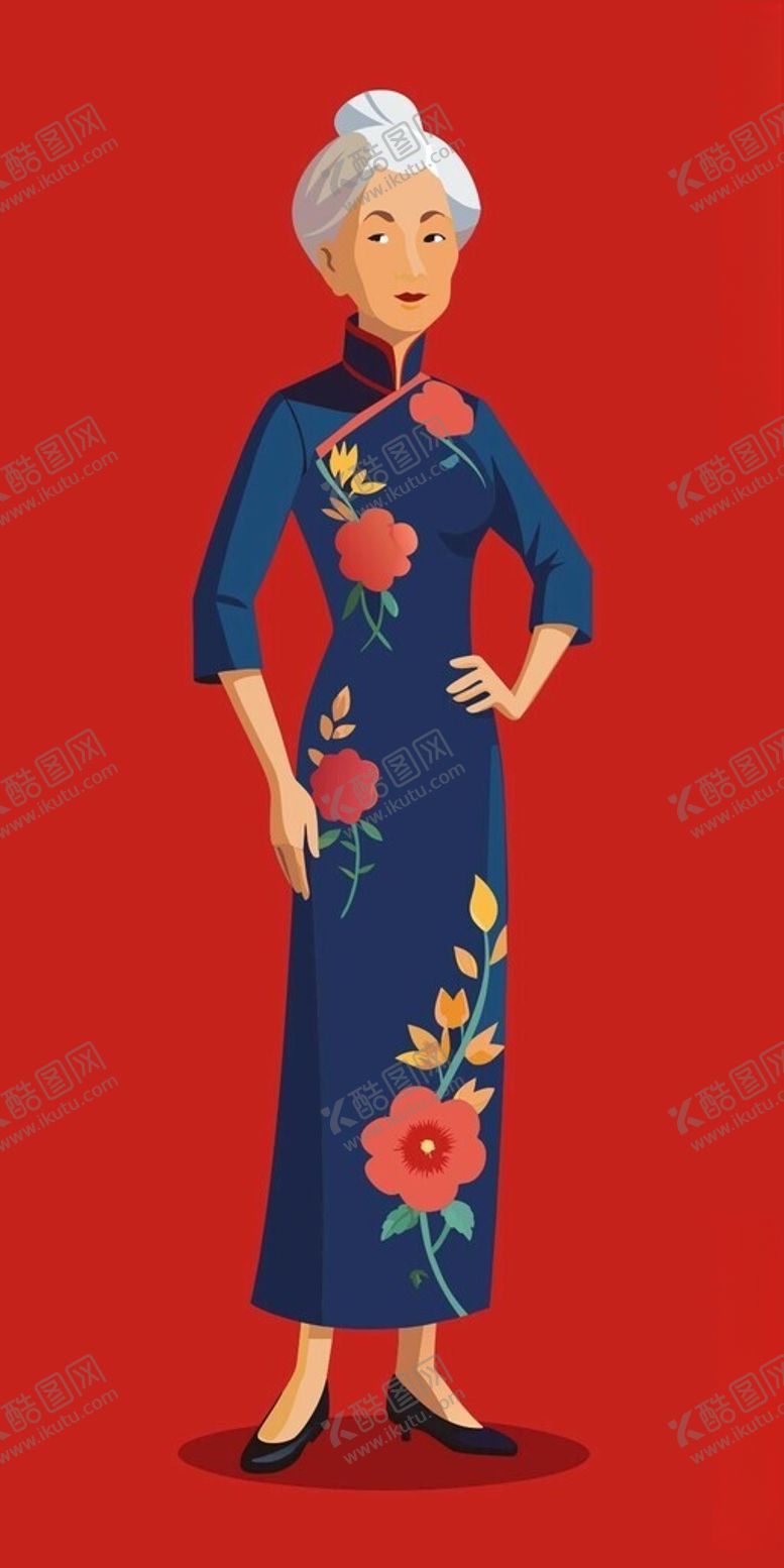 编号：93270012151349418955【酷图网】源文件下载-一个身穿牵牛花花纹旗袍的90岁