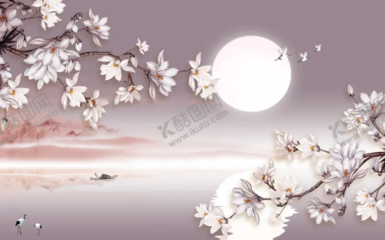 编号：91962207041231226201【酷图网】源文件下载-花鸟画玉兰小船背景墙
