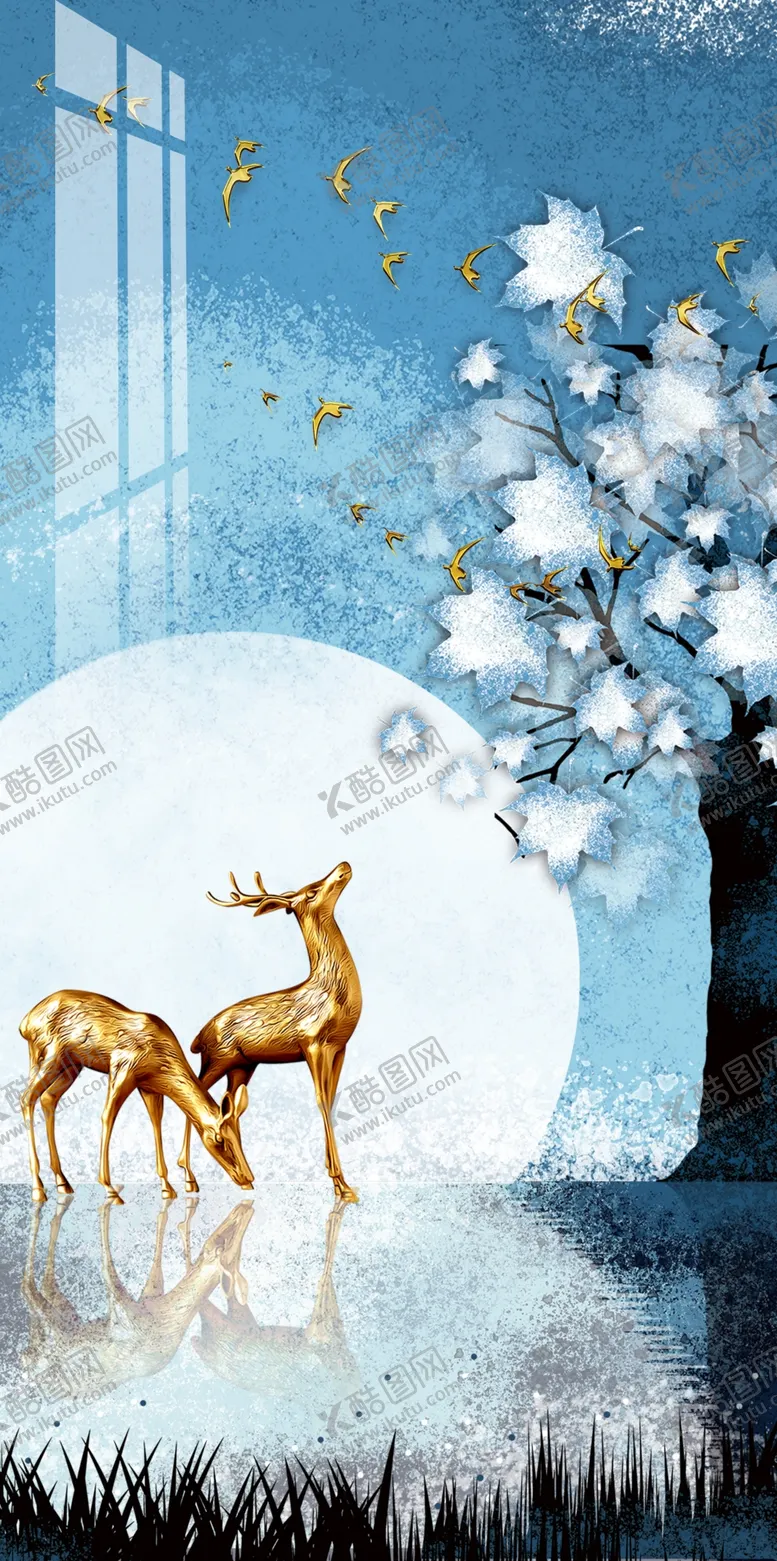 编号：06427909190011183275【酷图网】源文件下载-麋鹿山水一路高升晶瓷画长版