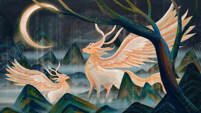 编号：22826509242217378581【酷图网】源文件下载-中国风山海经神话九色鹿