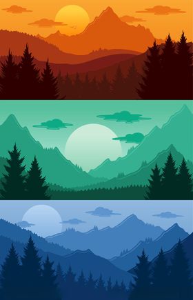 三色山林风景插画