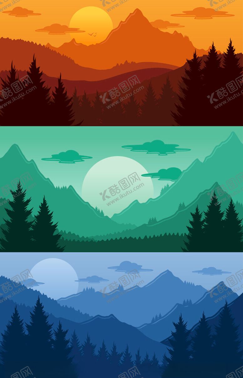 编号：86679206291655294917【酷图网】源文件下载-三色山林风景插画