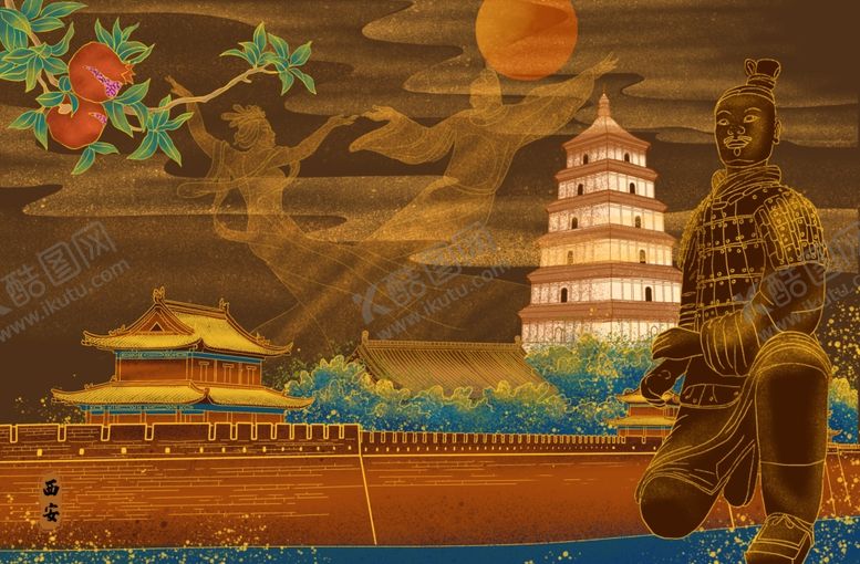 编号：45218305130301587492【酷图网】源文件下载-西安兵马俑复古景点插画古风背景