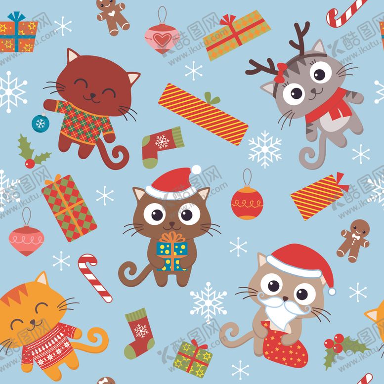 编号：47877309102038394107【酷图网】源文件下载-卡通圣诞猫咪无缝背景