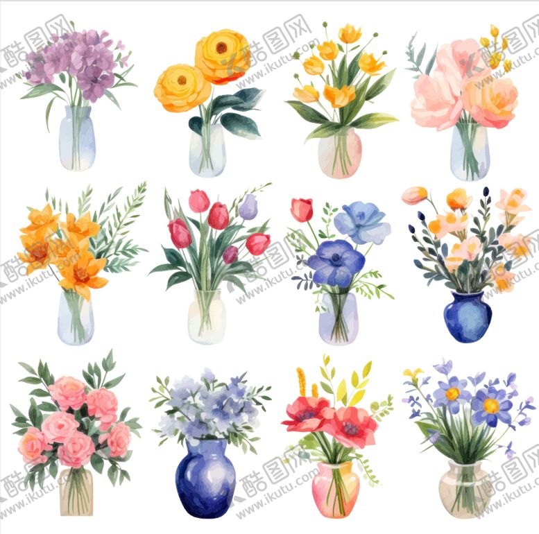 编号：53771409091044193731【酷图网】源文件下载-多彩花瓶插花水彩插画
