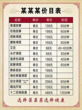 编号：59476309232013327306【酷图网】源文件下载-理疗保养价目表